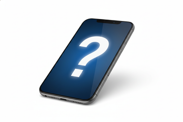 question mark on phone screen, background behind phone is white