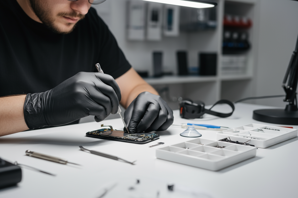 man wearing black nitrile gloves repairing phone on white table