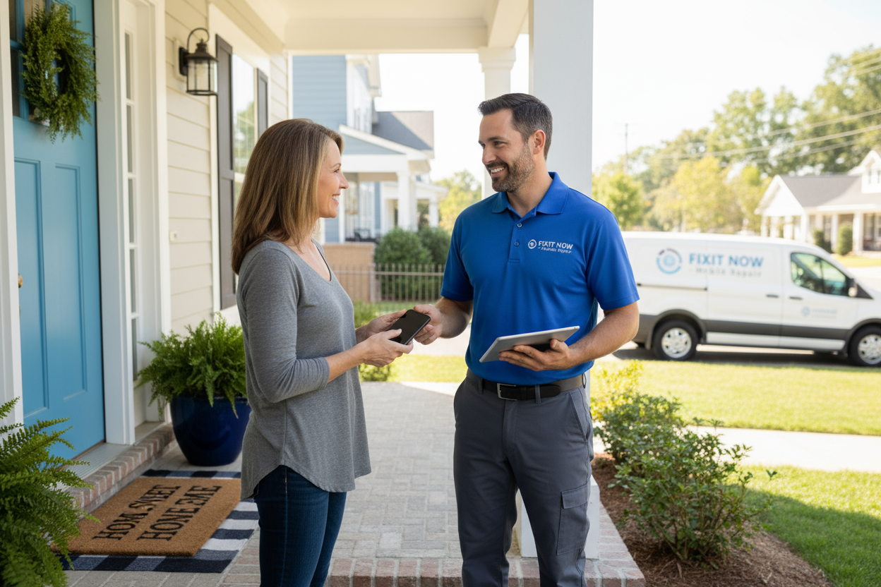 picking up phone from customer at their house front door
